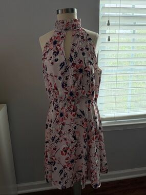 Parker One-Shoulder Floral Dress in Light Pink with Red & Navy Accents